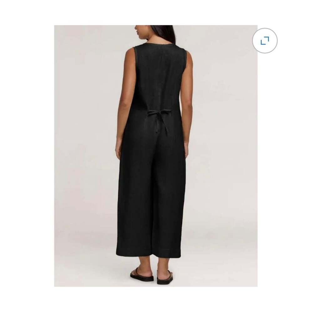 Women's Sleeveless Cotton Linen Blend V-Neck Button-Down Wide-Leg Jumpsuit - Picture 4 of 15
